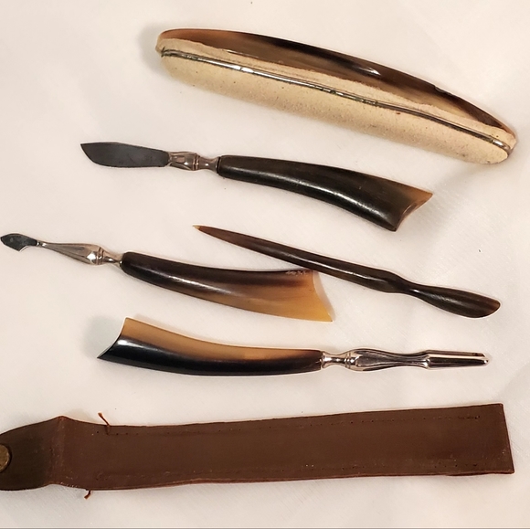 7pc VTG La Cross Bakelite Nail Grooming Manicure Set Leather Silk Case - Picture 7 of 11